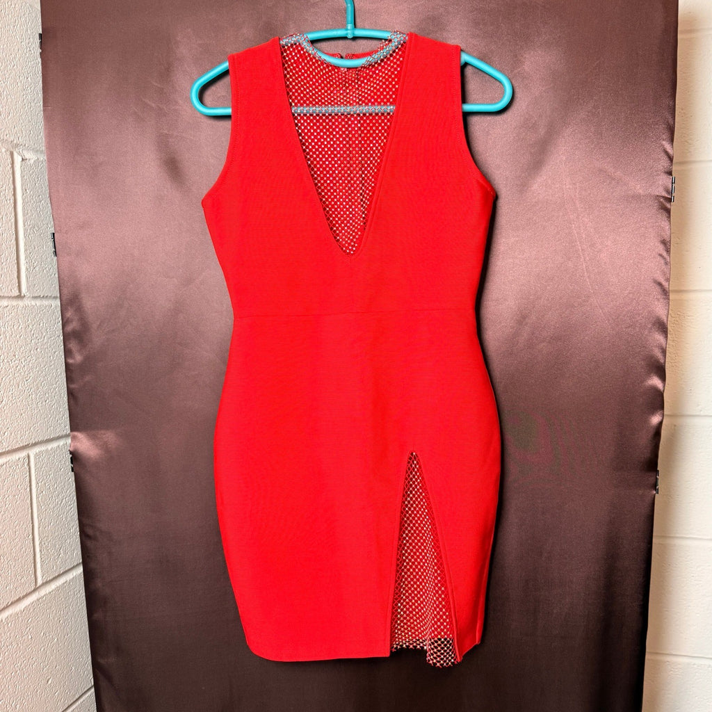UONBOX Women's M Red Bandage V Neck Bodycon Sleeveless Split Mini Party Dress
