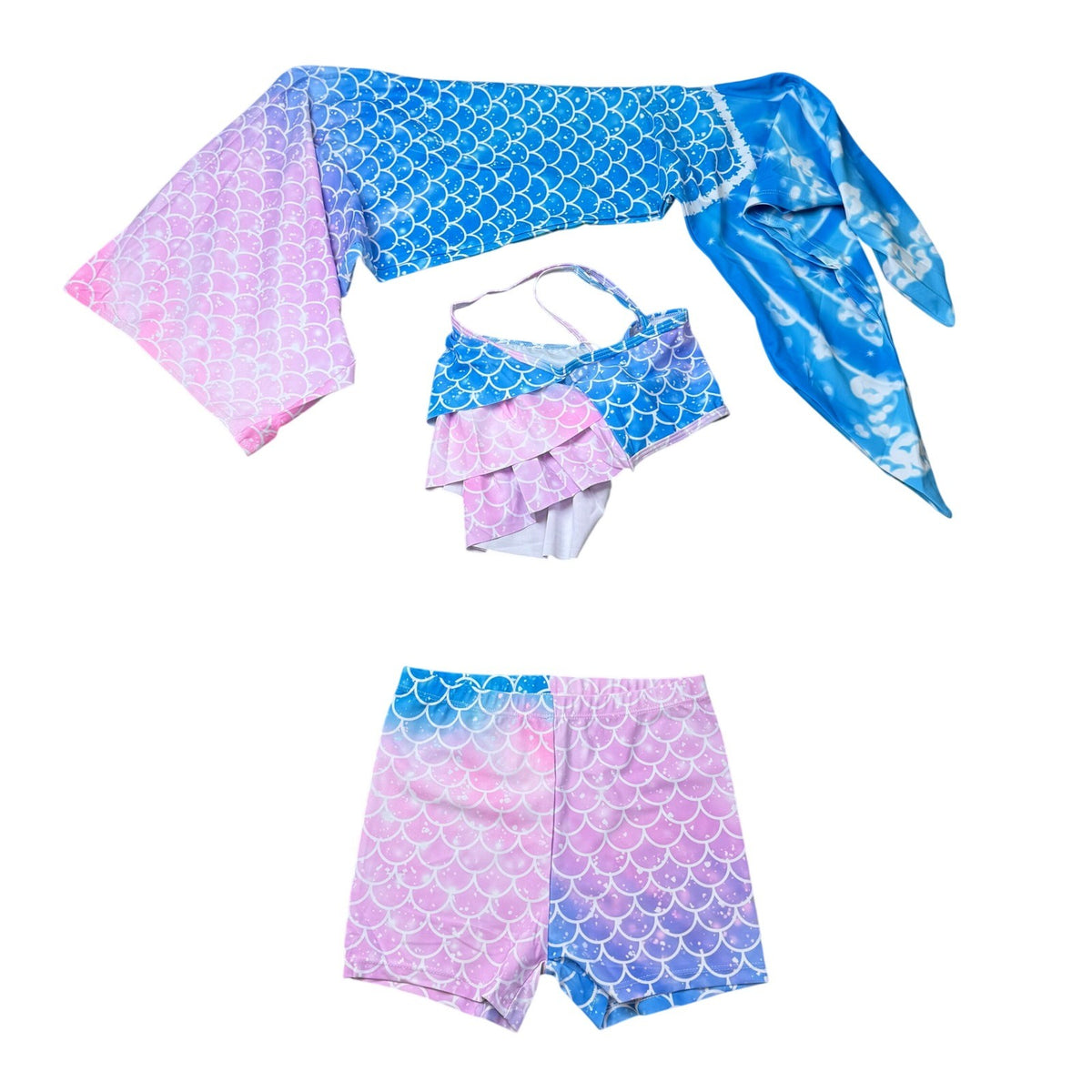 MSRP $39 Ghteas 3Pcs Girls Sz 8-9 Swimsuit Mermaid Swimwear Ruffle Top