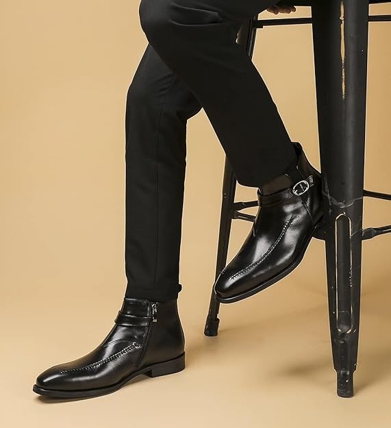 Santimon Men's US 7.5, 12 Black Leather Buckle Strap Zipper Ankle Dress Boots