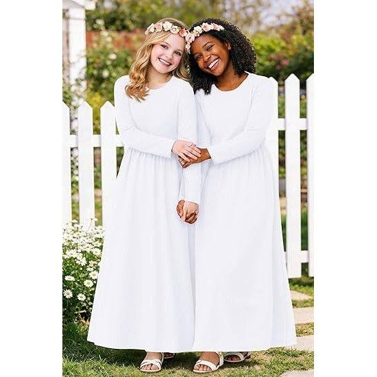 MSRP $26 Deerose Girls White 2XL 13-14Y Summer Maxi Dress w/ Pockets Long Sleev