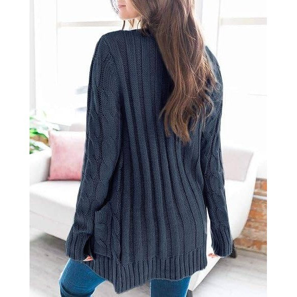 MSRP $47 Goranbon Women's L Navy Blue Cable Knit Cardigan Long Sleeve Open Fron