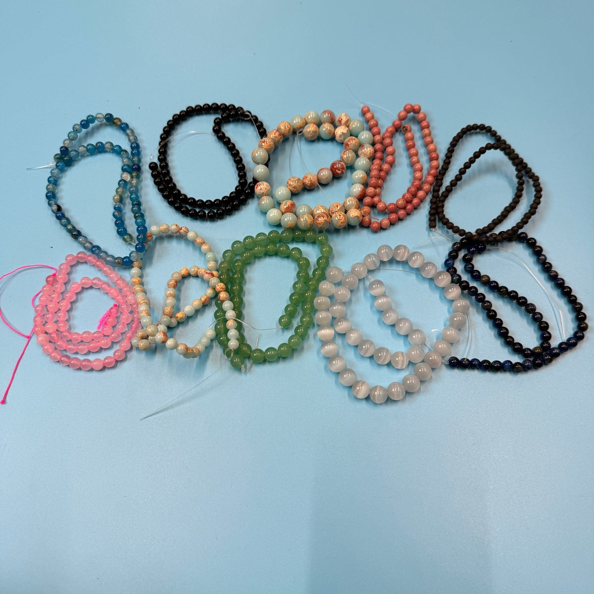 Set of 10 Natural Gemstone Round Beads Strands 15" Sizes 6,8,10 mm 10oz №B28