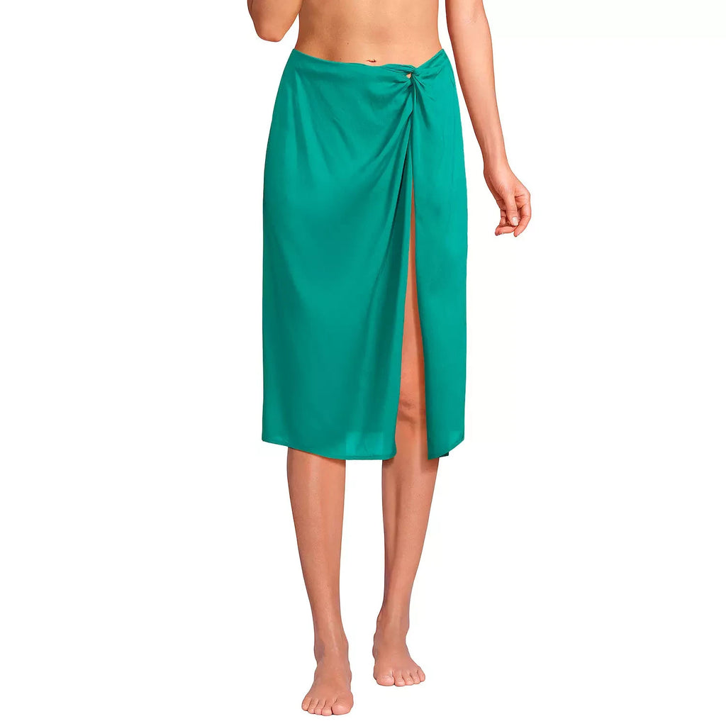 Lands' End Women's Sheer Twist Front Knee Length Swim Cover-up Skirt Island