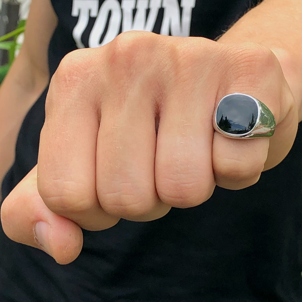 Square Black Signet Pinky Ring Mens Gold, Silver Tone Stainless Steel Size 8-13