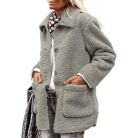 MSRP $78 PRETTYGARDEN Women's Gray L Winter Faux Fur Coats Long Sleeve Lapel B