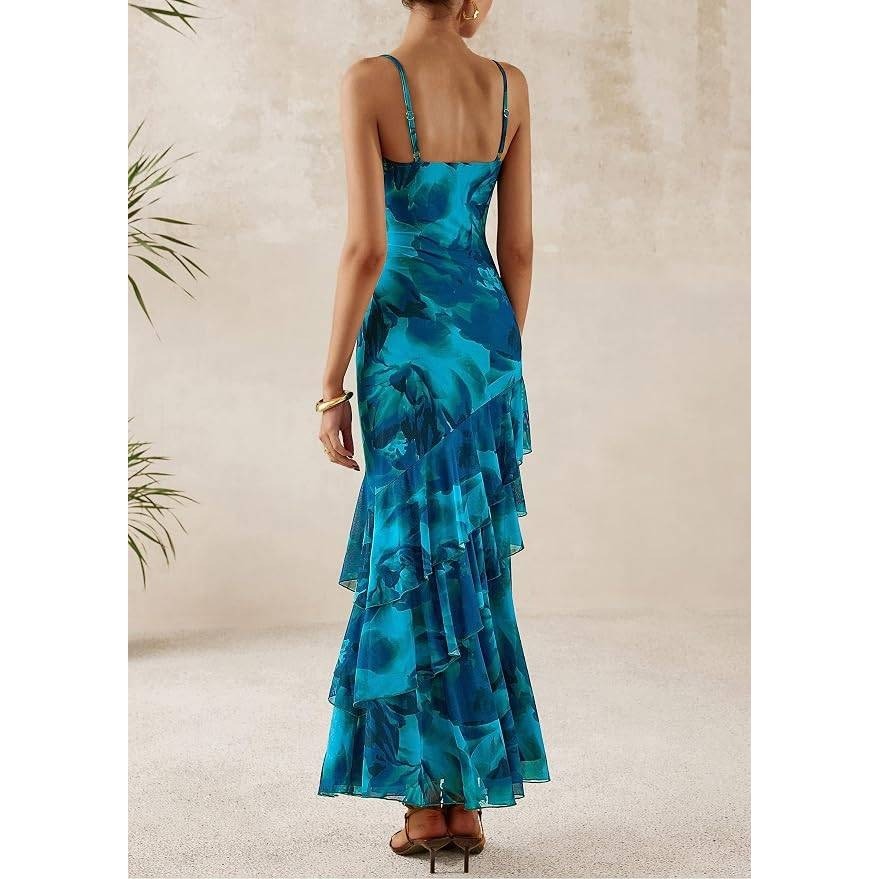 MSRP $61 PRETTYGARDEN Women's XS Boho Floral Tiered Maxi Dress Spaghetti Strap