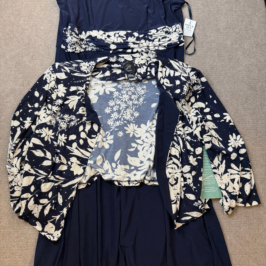 MSRP $130 Jessica Howard Womens 18 Navy Multi Midi Floral Jacket Dress