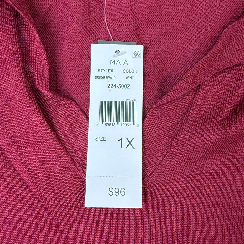 MSRP $96 Maia Womens 1X Wine Long Sleeve Sweater Dress Belted