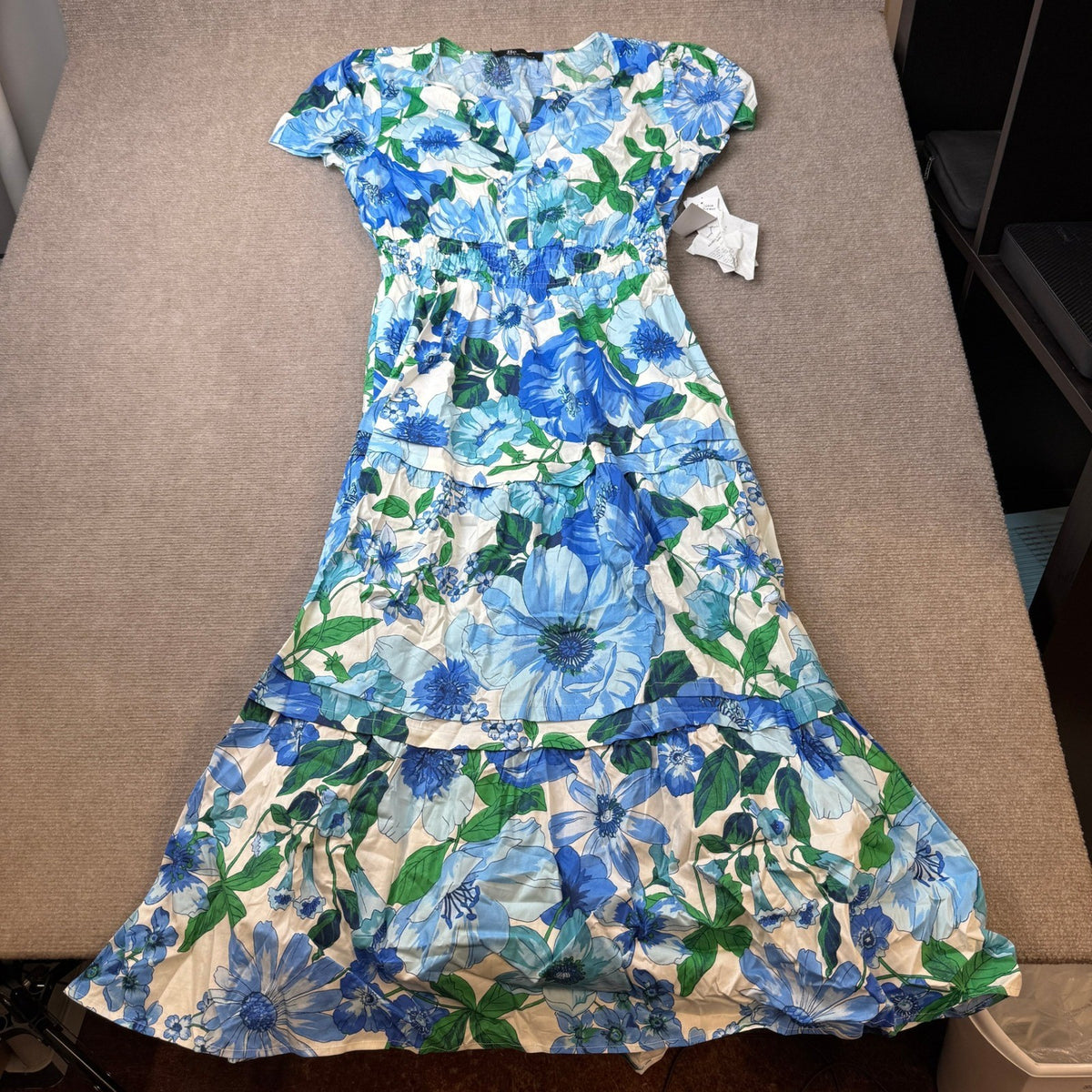 MSRP $84 Be by CHETTA B Womens XL Blue Multi Floral Fitted Maxi Dress Split Crew