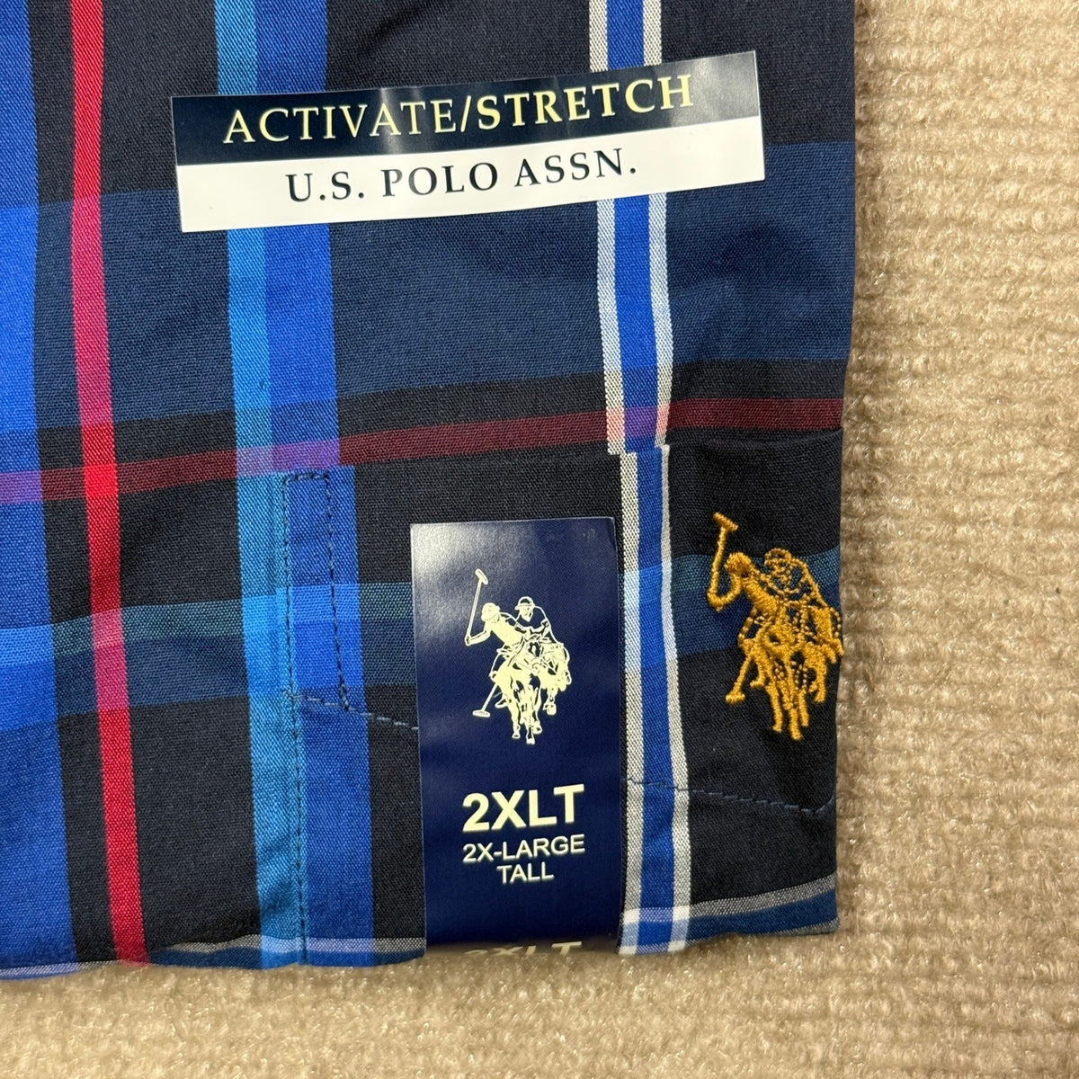 MSRP $58 U.S. Polo Assn. Mens 2XL Tall Classic Navy Plaid Button-Down Shirt Long