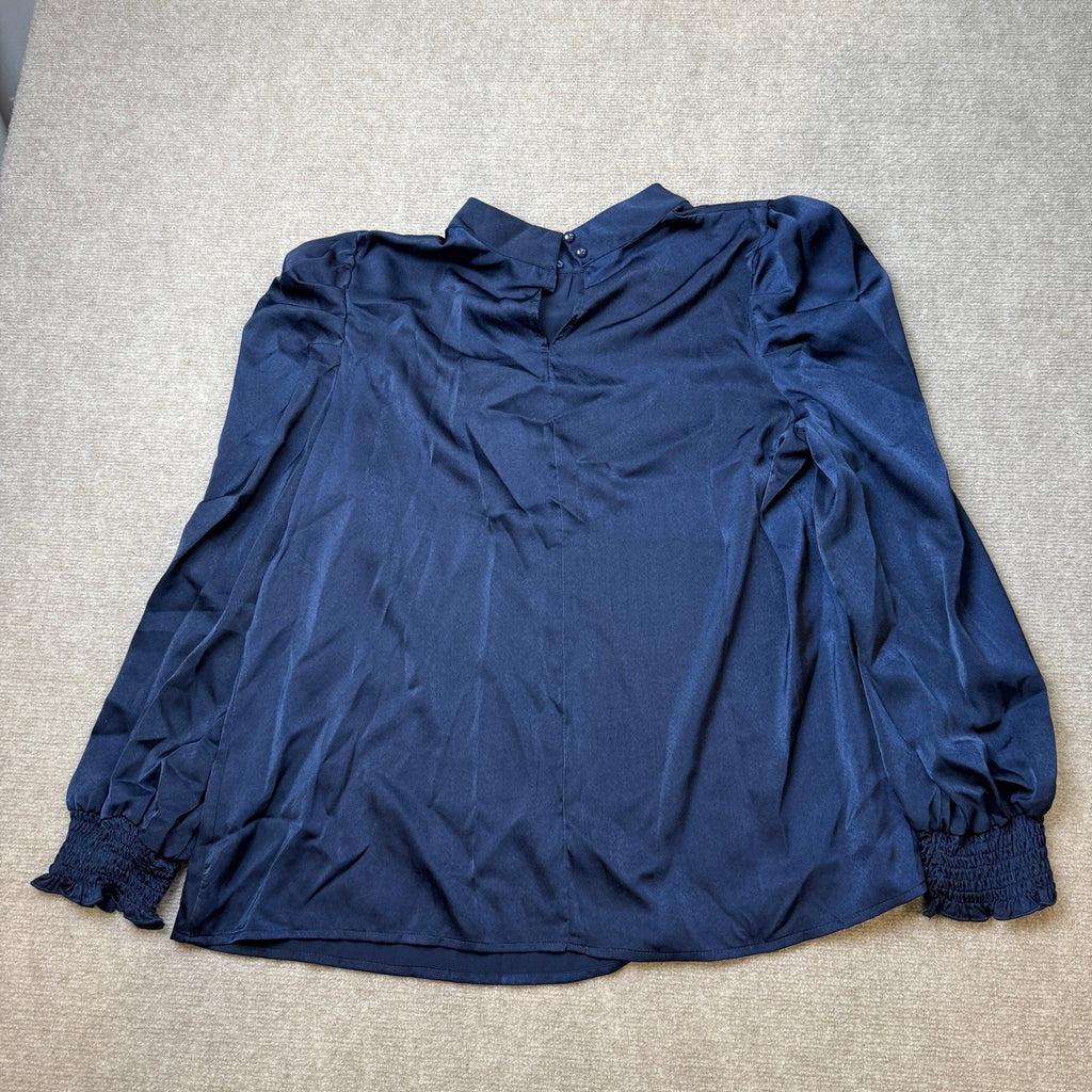MSRP $23 BTFBM Women's XL Navy High Neck Long Sleeve Satin Blouse Dressy Puff