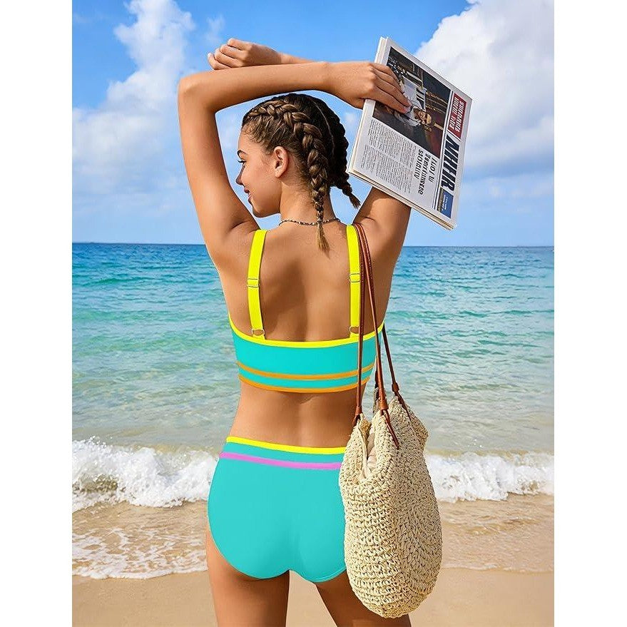 MSRP $32 Girls 11-12Y 3 Piece Swimsuit Set Double Strap High Waist Sporty Bikin