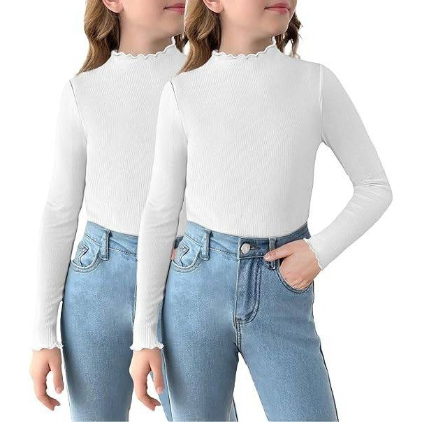 Set of 2 MSRP $26 Arshiner Girl's 11-12Y White Lettuce Trim Mock Neck Long Sleev