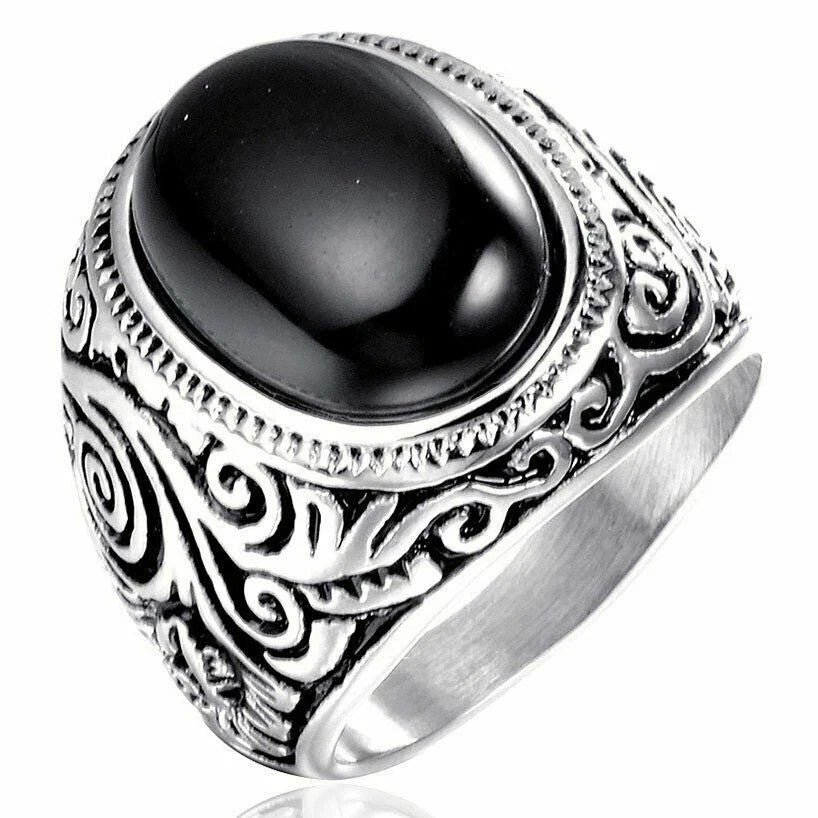 Mens Oval Black Onyx Silver Ring Stainless Steel Retro Biker Jewelry Size 8-12