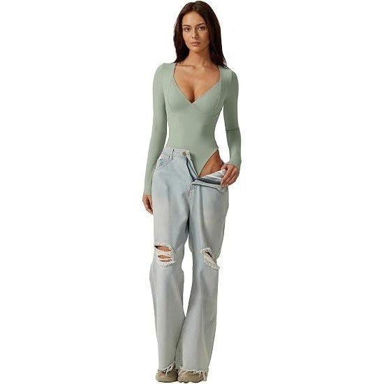 MSRP $30 QINSEN Women's XL Smoke Green Long Sleeve V Neck Body Suits Seamed Cup