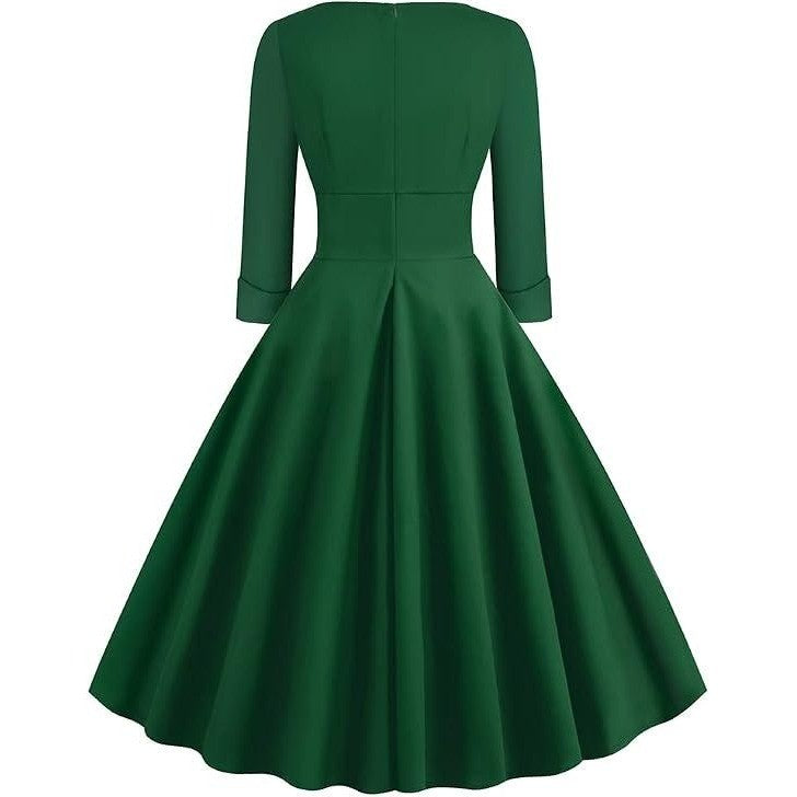 MSRP $51 IWEMEK Womens S Deep Green Fall 3/4 Sleeve 1950s Cocktail Swing Dress