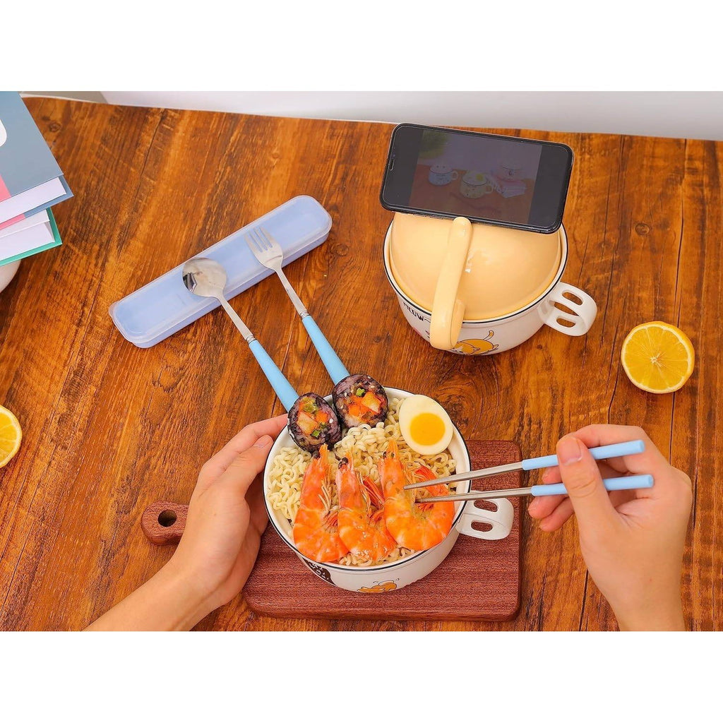 Shiba Inu Ceramic Ramen Bowl with Lid, Noodle Mug w/ Fork, Spoon & Chopsticks