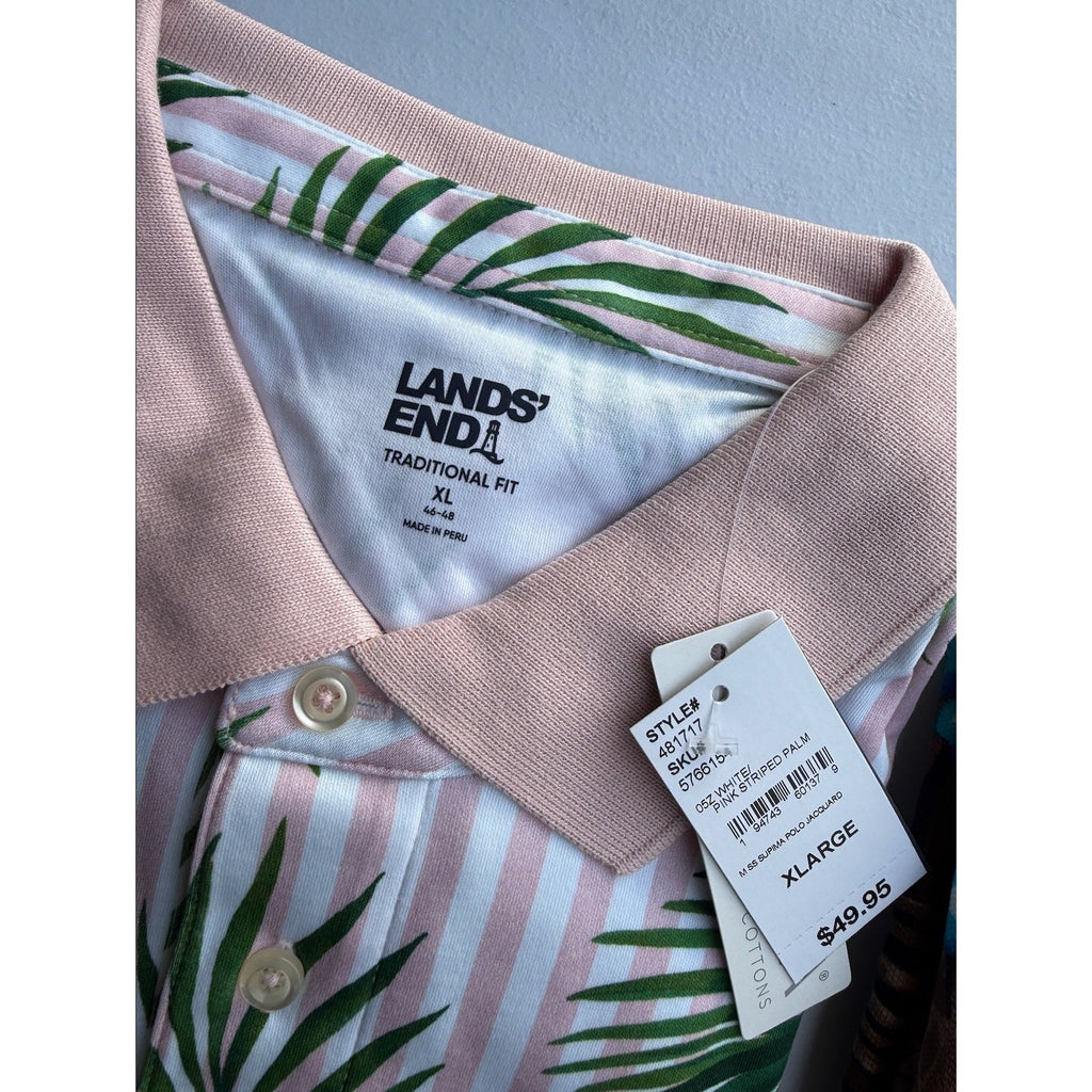 2 Pack Lands' End Mens XL Polo Short Sleeve - Rich Coffee & White/Pink Striped