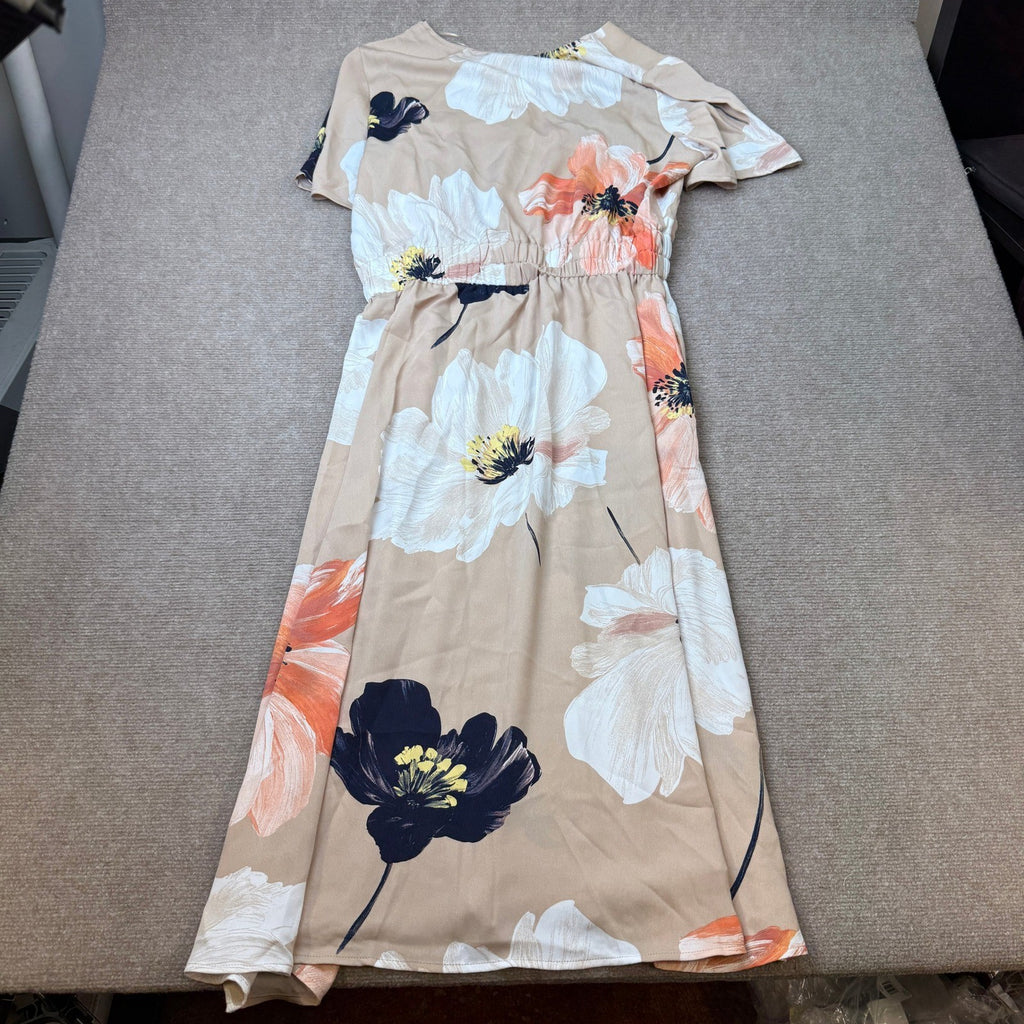 MSRP $84 Liz Claiborne Womens L Tall Beige Floral Midi Flutter Satin Dress V Nec
