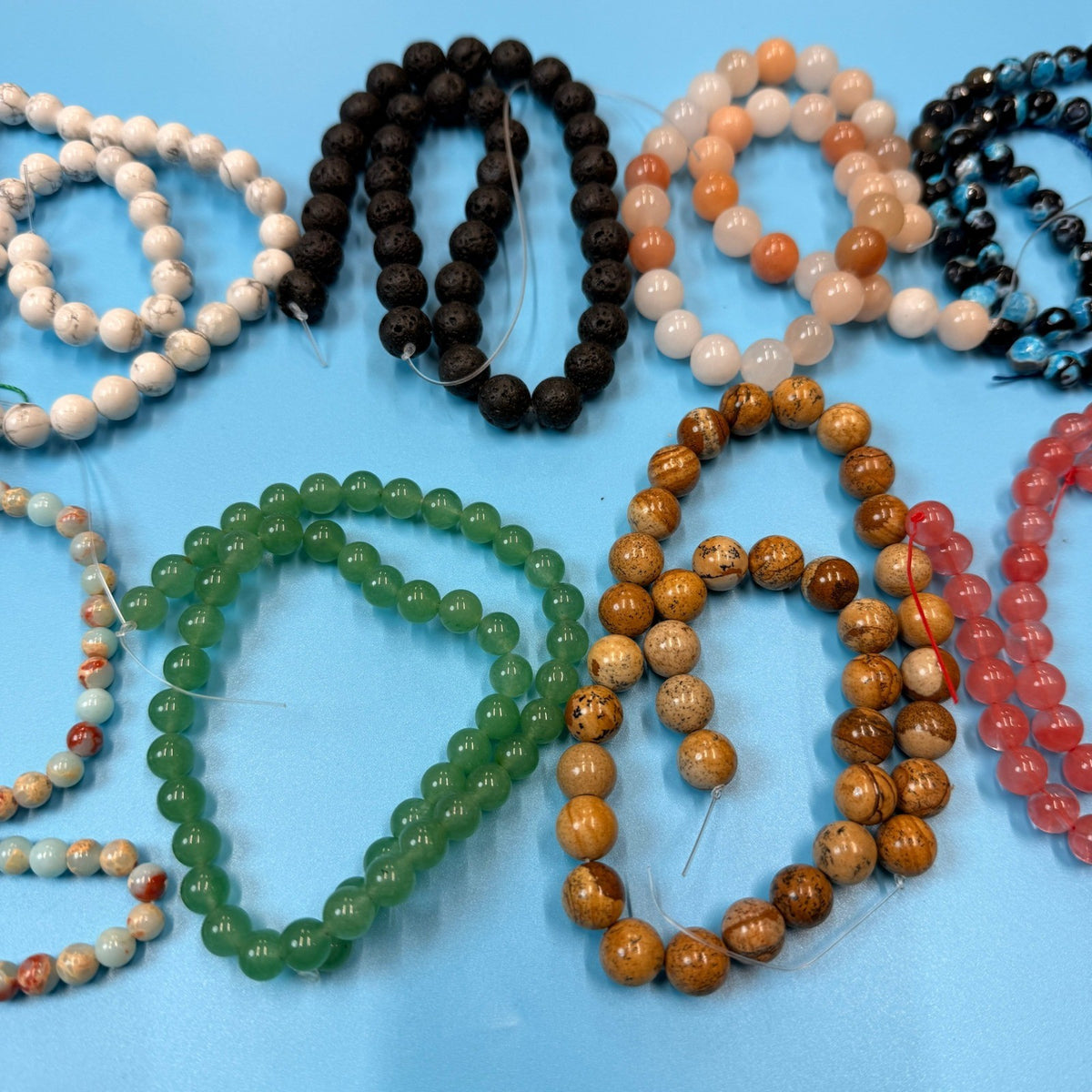 Set of 10 Natural Gemstone Round Beads Strands 15" Sizes 6,8,10 mm 14oz №B8
