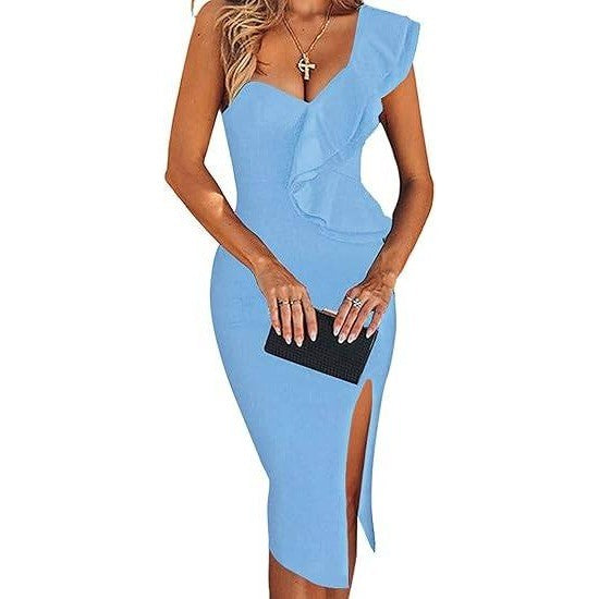 UONBOX Women's XS Light Blue One Shoulder Sleeveless Side Split Bandage Dress