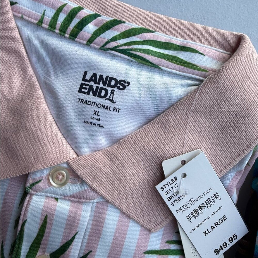 Set of 2 Lands End Polo Men's XL 46-48 Floral Striped Short Sleeve Cotton Shirt
