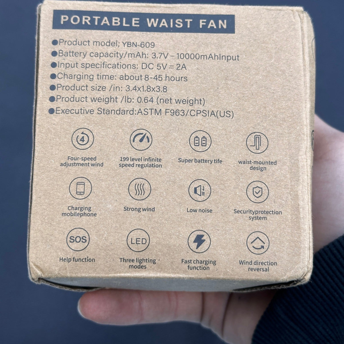 Jun Boer YBN-609 Grey Portable Waist Fan Belt Wearable 10000mAh Rechargeable Po