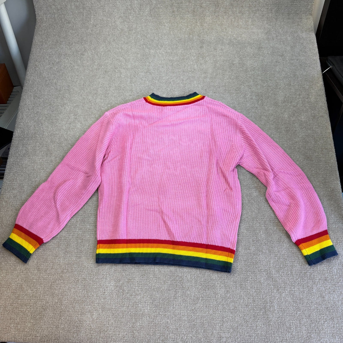 Women's S, M Pink Merry & Bright Ribbed Round Neck Sweater Rainbow Trim Christma