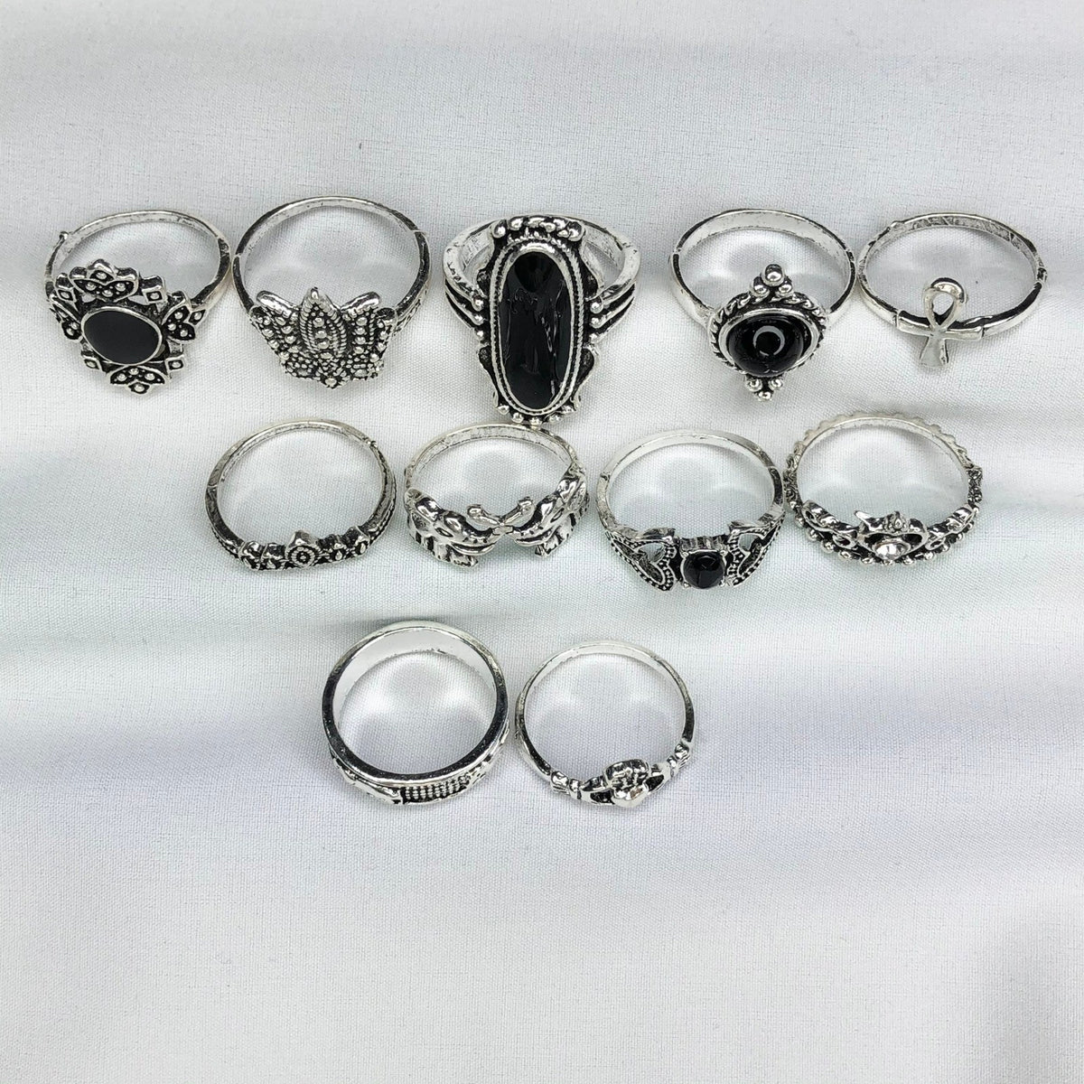 11 pcs Gothic Ring Set, Rings Set Silver, Black Onyx Ring, Witchy Rings, Knuckle