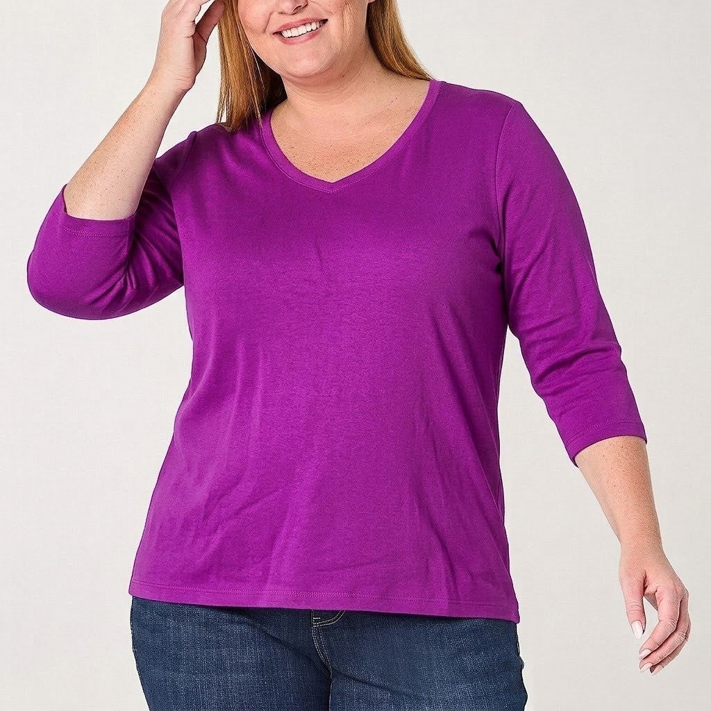 MSRP $18 St. John's Bay Womens XXL Purple V Neck 3/4 Sleeve T-Shirt