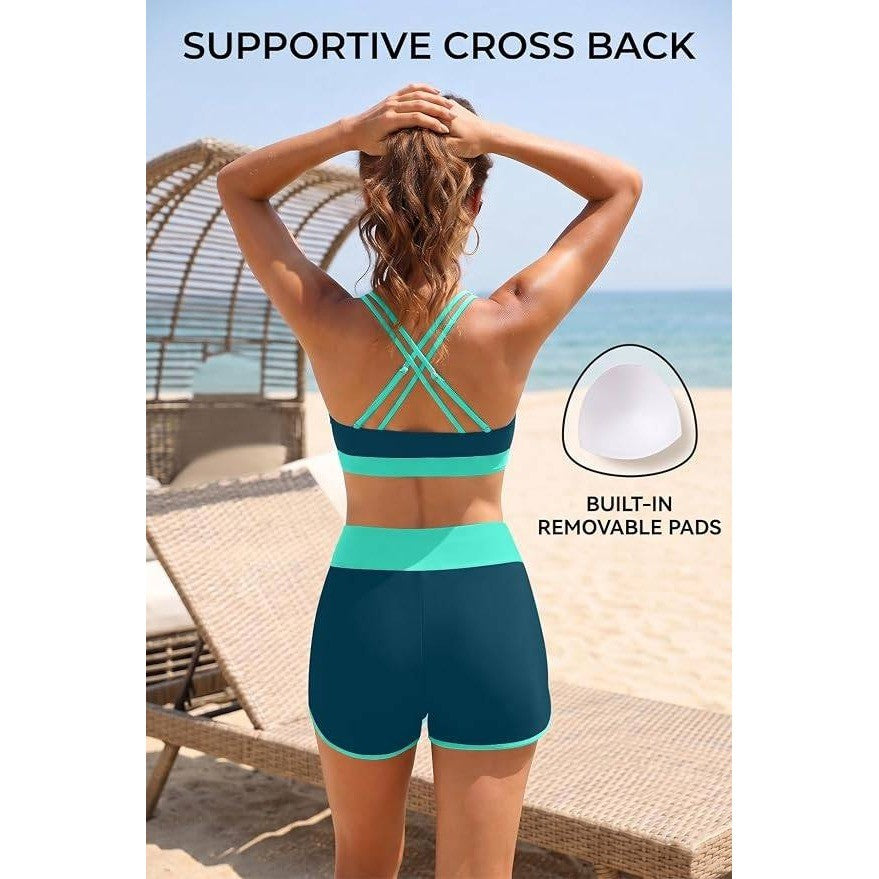 MSRP $41 Daci Women's L 3 Piece Tankini Swimsuit Tummy Control with Bra Pocket