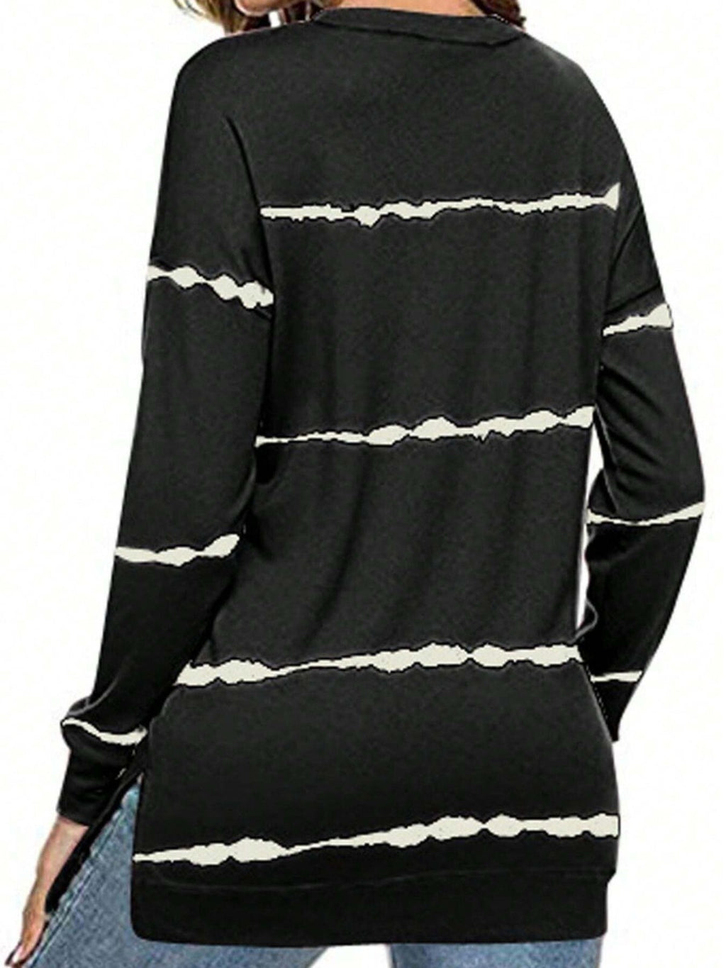 Women's 18W,26W Black Long Sleeve Stripe Print Crewneck Sweatshirt Fashion