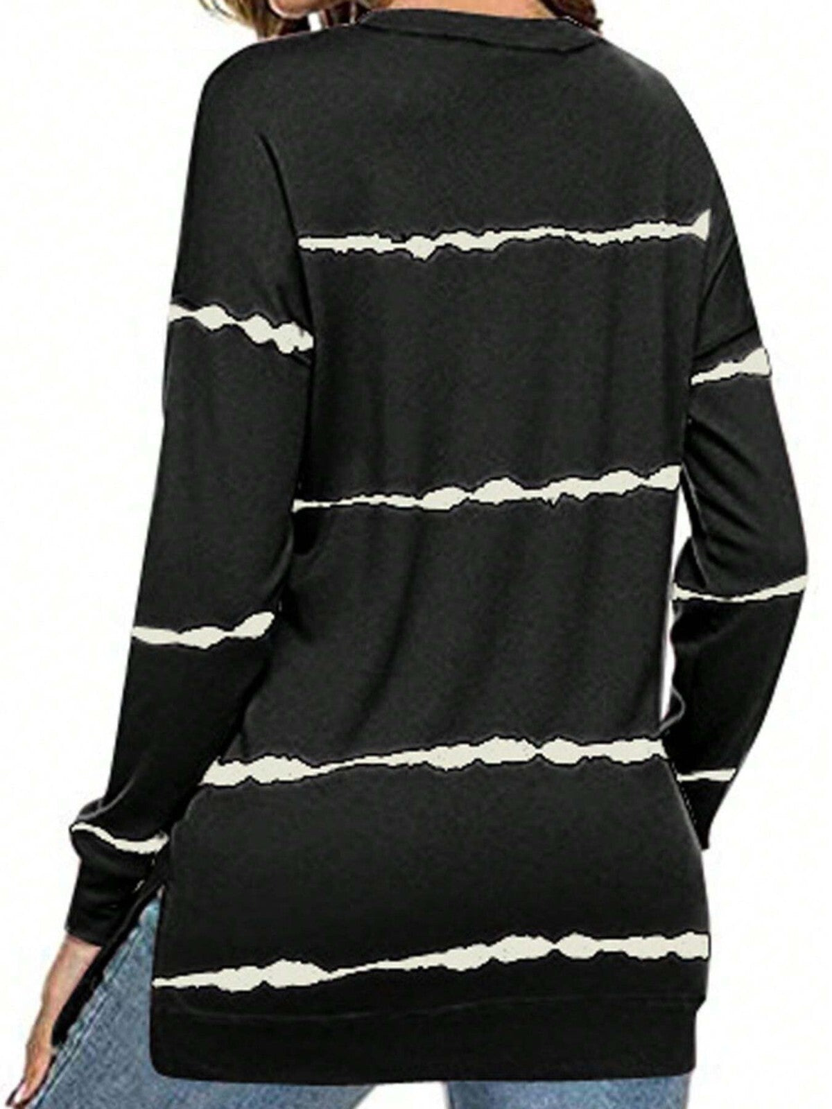 Women's 18W,26W Black Long Sleeve Stripe Print Crewneck Sweatshirt Fashion