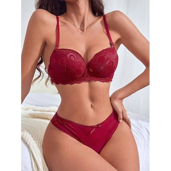 MSRP $18 Viomisha Women's L Red Floral Lace Two Piece Underwire Lingerie Lace