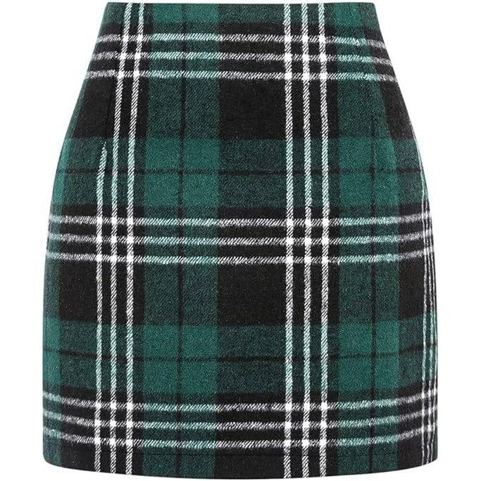 Women's Green Plaid XS Mini Skirts High Waisted Fall Winter Wool Bodycon Pencil