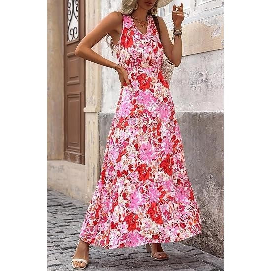 MSRP $54 BTFBM Women's Rose Red Flower L Summer Maxi Dress V-Neck Wedding Gu