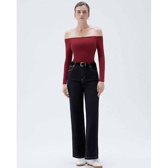 MSRP $32 SUUKSESS Women's S Wine Red Padded Off The Shoulder Tops Long Sleeve
