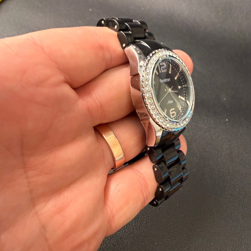 Armitron Now 75/3935SV Women's Silver Tone Quartz Black Band Watch New Battery
