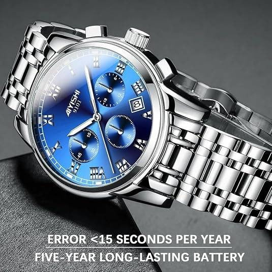 Dofia Xiaoya Aiyishi 9101 Men's Silver Stainless Steel Quartz Watch Blue Dial