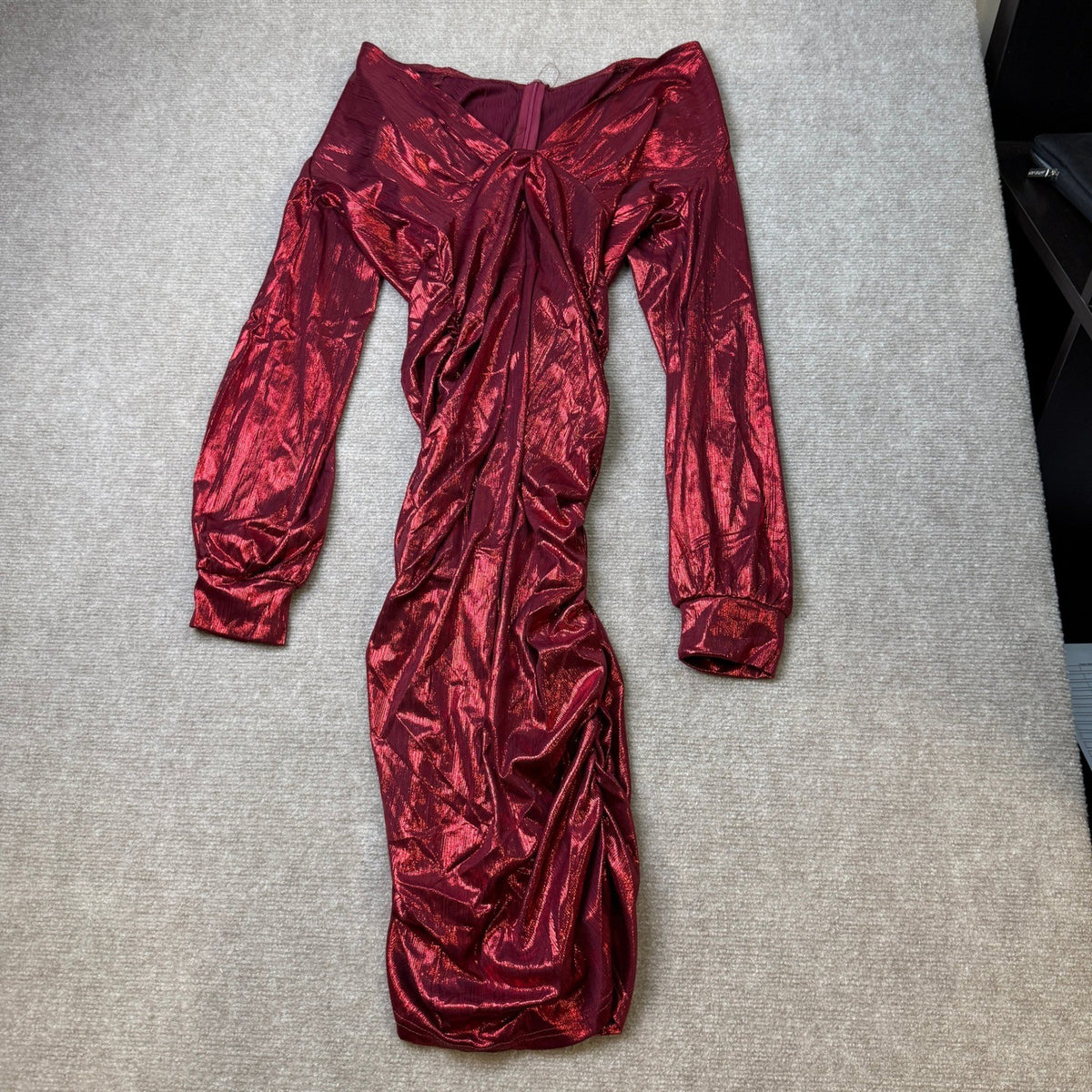 SeNight Women's L Burgundy Bodycon Dress Sexy Deep V Neck Long Sleeve Sparkly