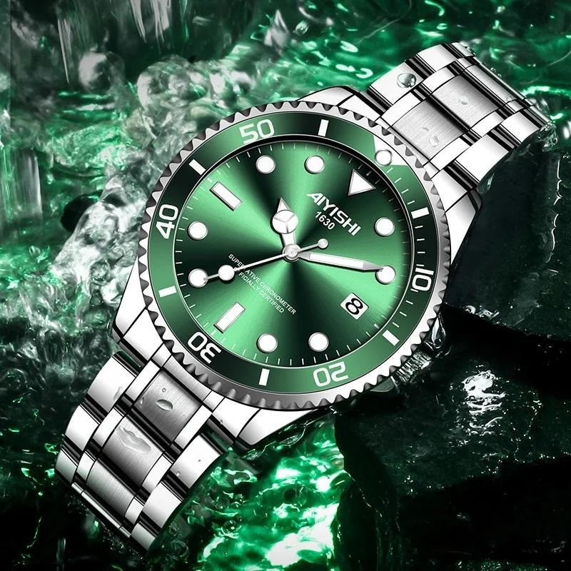 Dofia Xiaoya Aiyishi 1630 Men's Silver Stainless Steel Quartz Watch Green Dial G