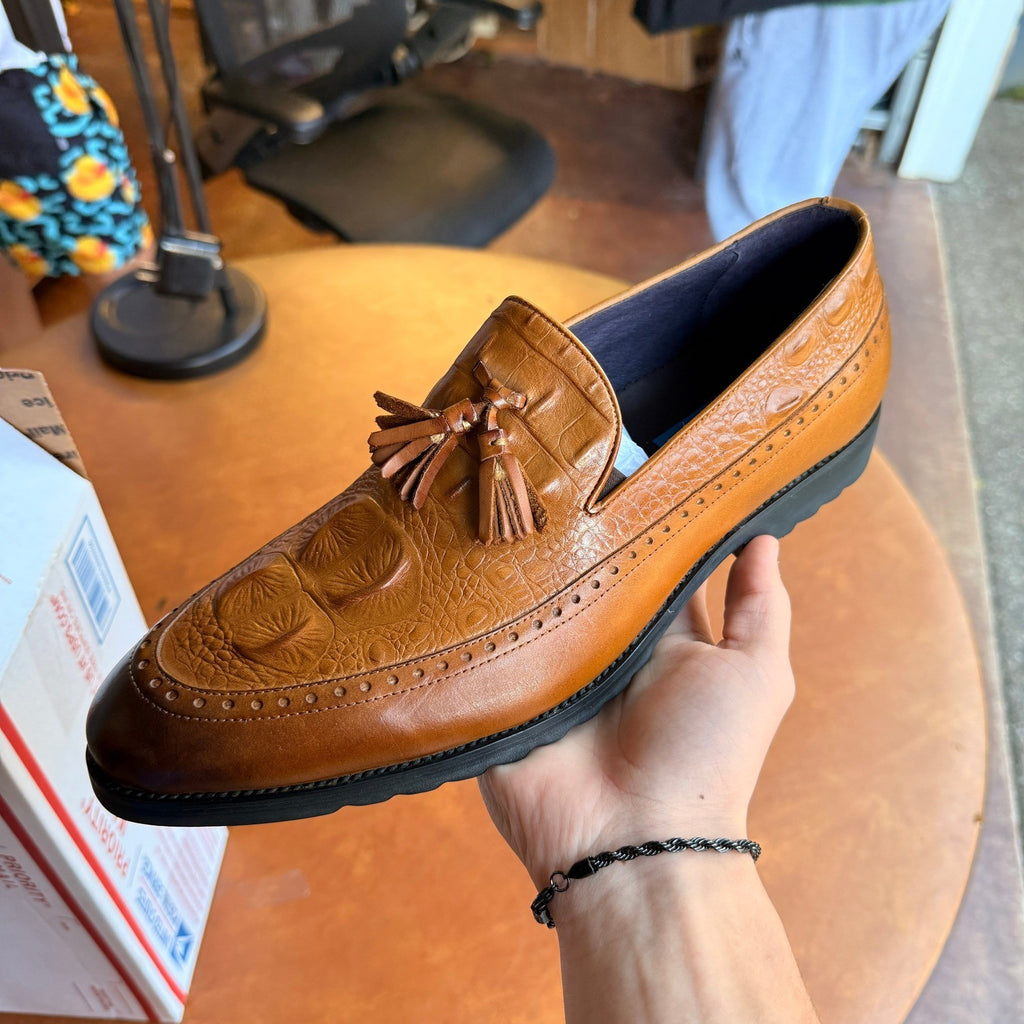 Santimon Men's US 9 Brown Leather Alligator Print Tassel Loafer Slip On Shoes