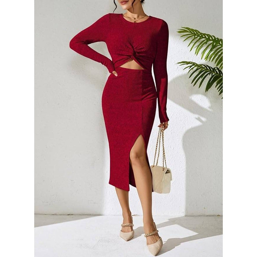 MSRP $53 Pink Queen Women's S Knit Bodycon Dress Long Sleeve Cutout Twist Ruch