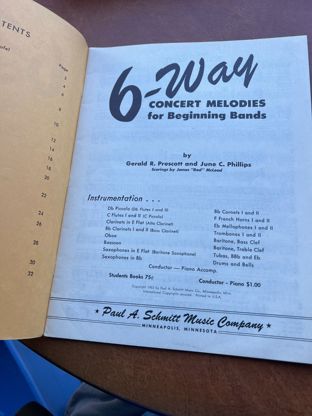 6 Way Concert Melodies Beginning Band Songbook Drums and Bells 1953 Prescott