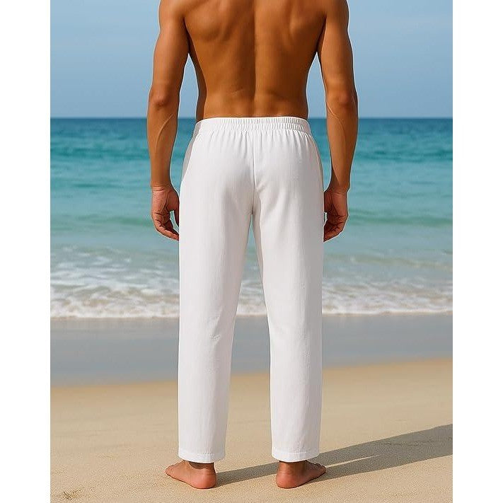 MSRP $22 PIDOGYM Mens M White Cotton Linen Beach Casual Pajama Pants w/ Pockets