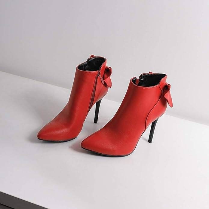 Women's US 10 Red Pointed Toe Zip Ankle Stiletto High Heel Boots with Bow
