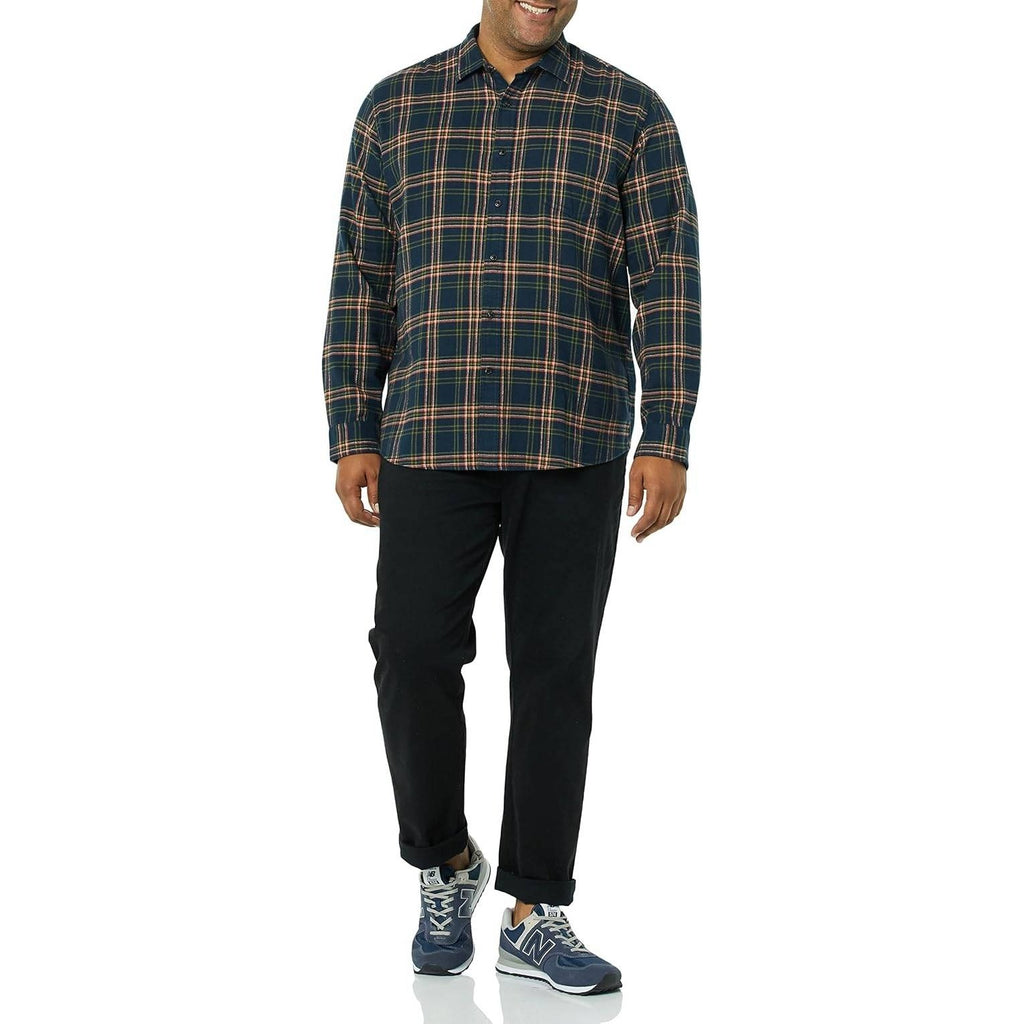 Amazon Essentials Men's L Dark Navy Plaid Regular Fit Long Sleeve Flannel Shirt