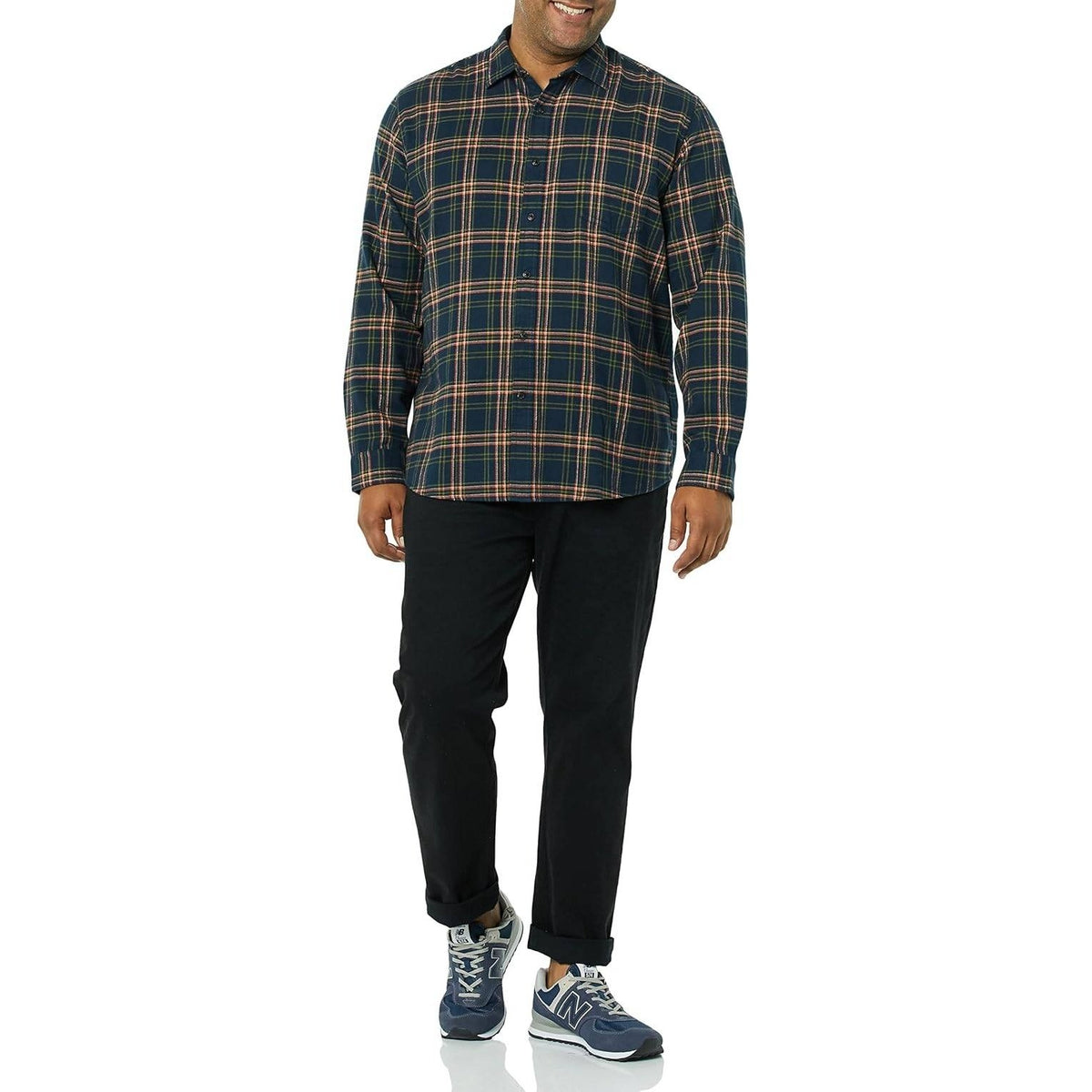 Amazon Essentials Men's L Dark Navy Plaid Regular Fit Long Sleeve Flannel Shirt
