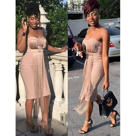 UONBOX Women's S Nude Strapless Elegant Tassel Tube Bodycon Bandage Dress