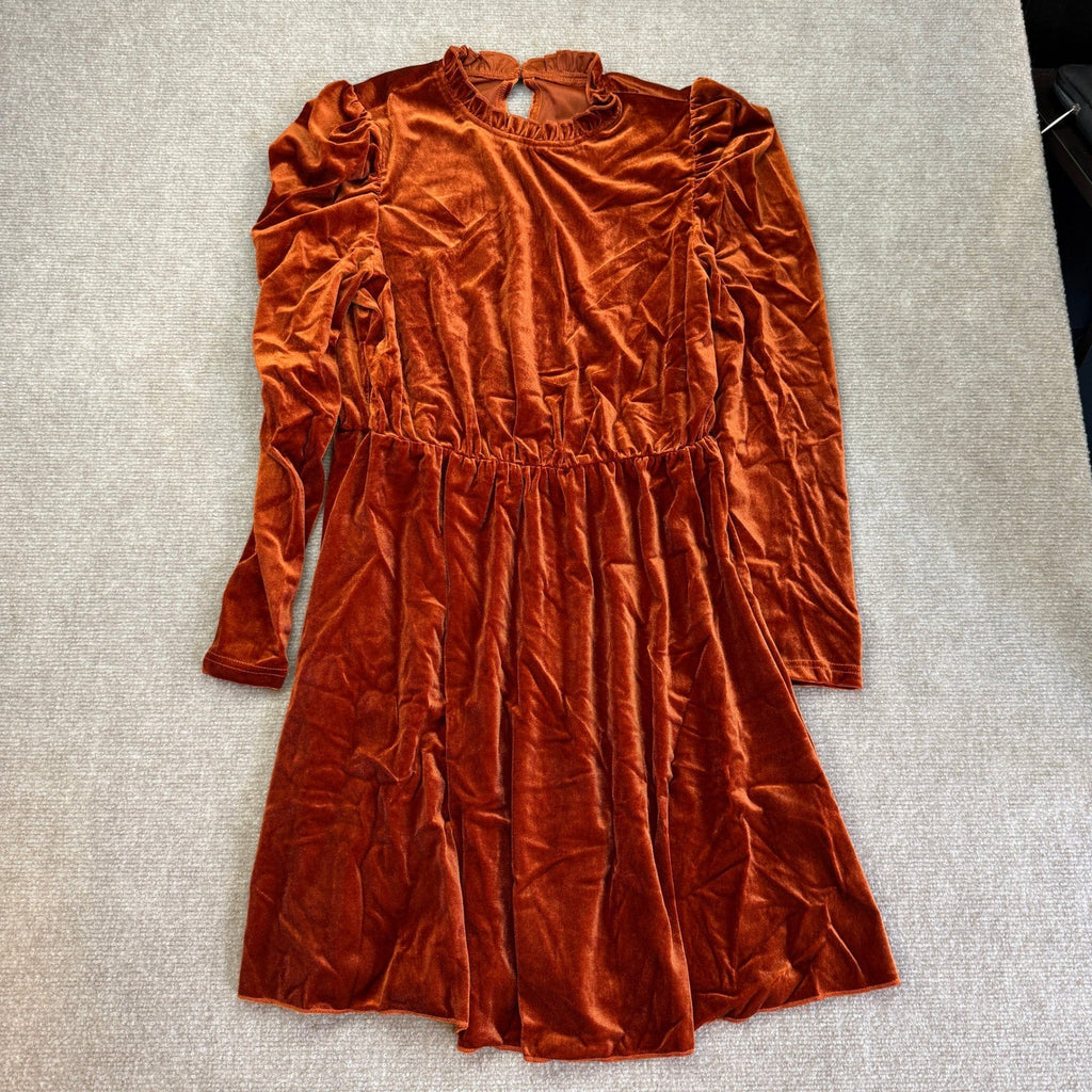 Women's M Chestnut Velvet Mini Dress Long Sleeve Ruffle Neck Pleated Skirt